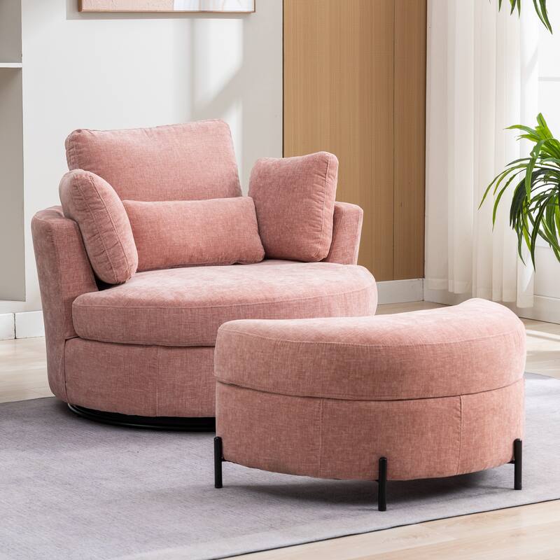42.3"W Upholstered Swivel Accent Chair with 4 Pillows and Half-Moon Storage Ottoman