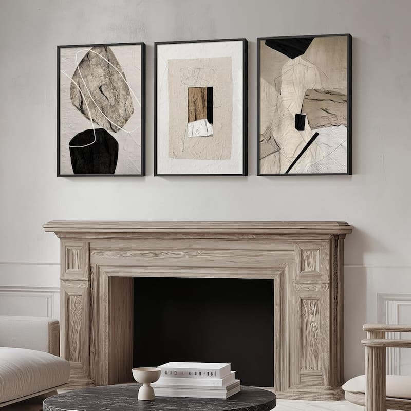 Framed Neutral Abstract Wall Art,Minimalist Black and Beige Pictures