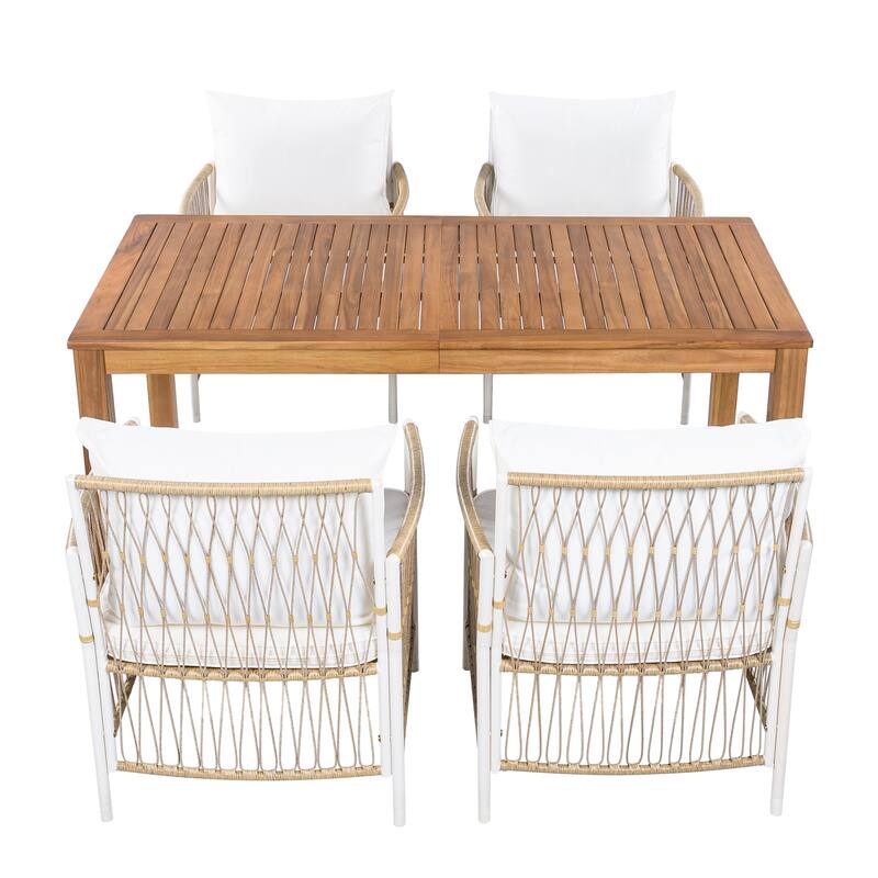 Roomfitters 5-Piece Patio Dining Table Set, Modern Outdoor Furniture with 4 Rope Armchairs and Cushions, Natural