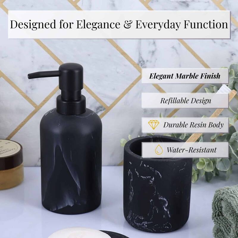 Marble Resin Soap Dispenser with Black Pump - 2.8 L x 2.8 W x 6.8 H