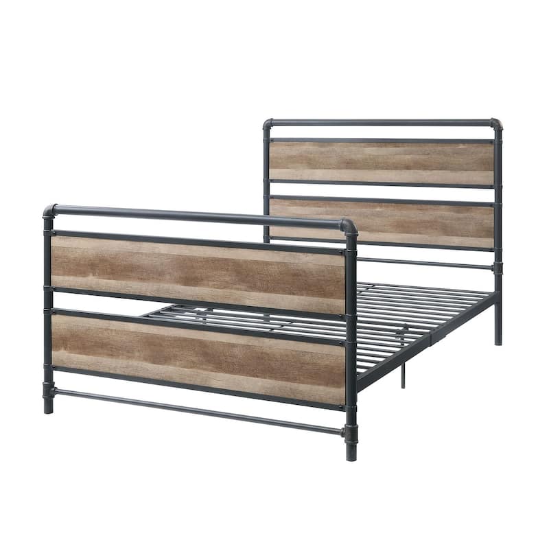 Full Size Bed Frame - Metal Platform Bed Antique Oak & Gray Finish