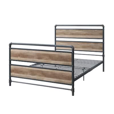 Full Size Bed Frame - Metal Platform Bed Antique Oak & Gray Finish