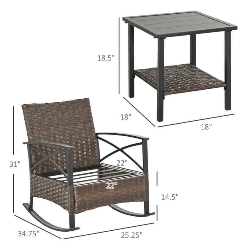 PE Rattan Rocking Chair Set with Cushions and Coffee Table - 25.5" W x 34.75" D x 31" H
