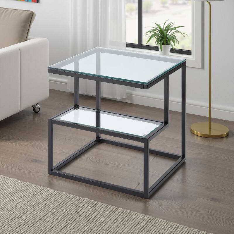 Elena End Table with 2-Tier Design, Glass Top and Shelf, Black Metal
