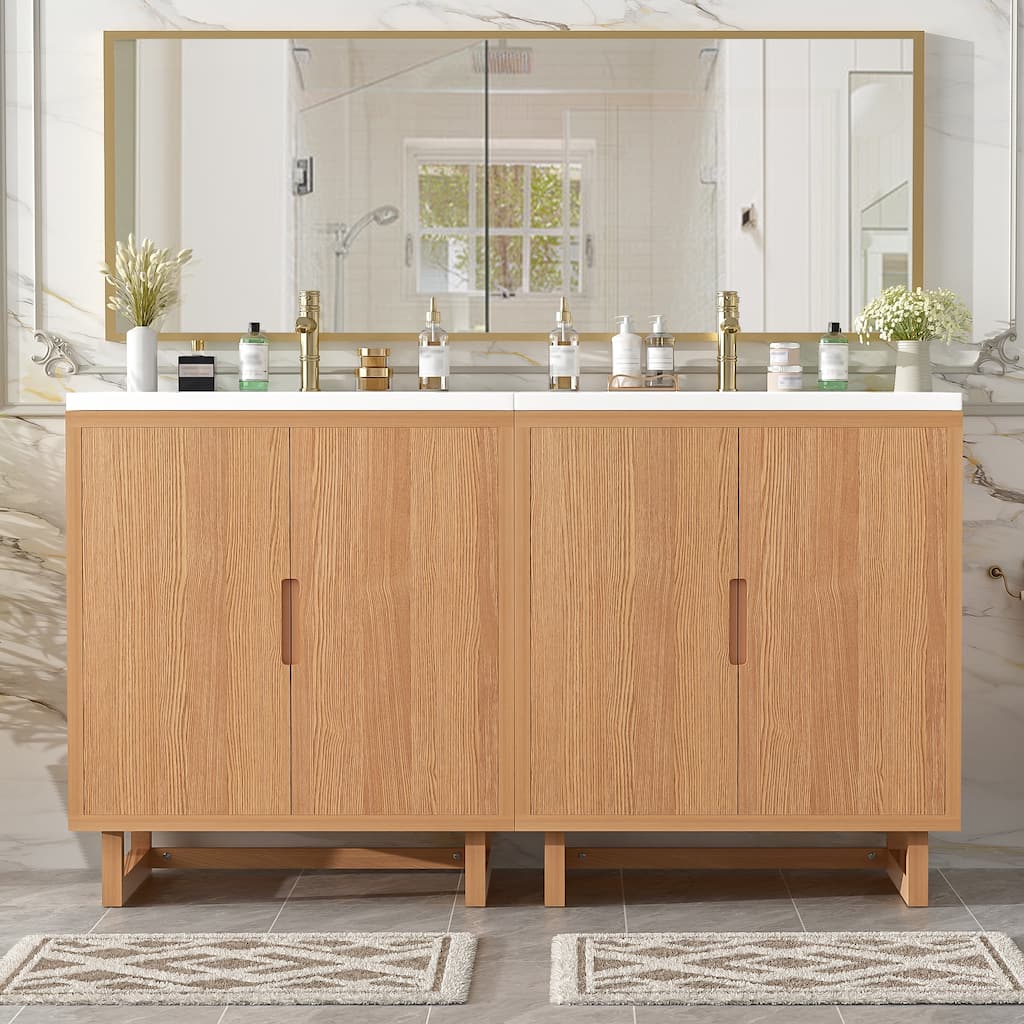 GDFStudio - Transitional Double Bathroom Vanity Set with Resin Sink, Soft Close Doors & Solid Wood Legs, Set of 2