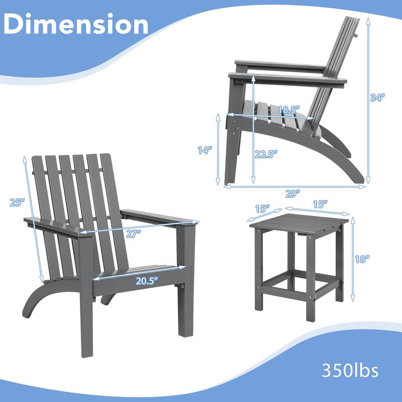 Costway 3PCS Patio Adirondack Chair Side Table Set Solid Wood Garden