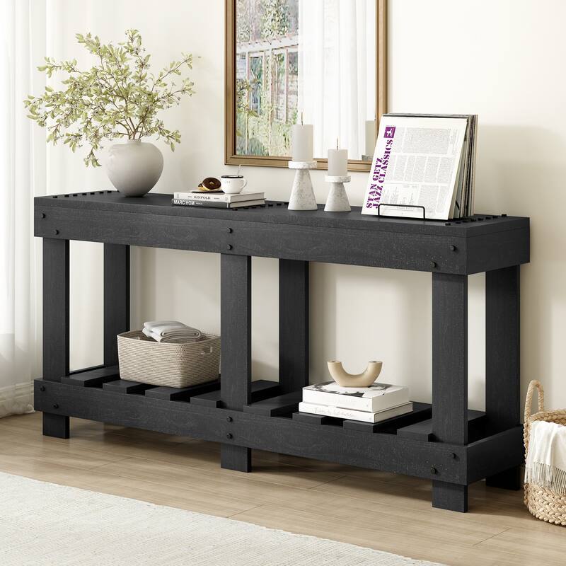 62.9" Vintage Entryway Table - Solid Cedar Wood with Natural Grain, 6 Reinforced Legs & 4.5" Thick Desktop - Black