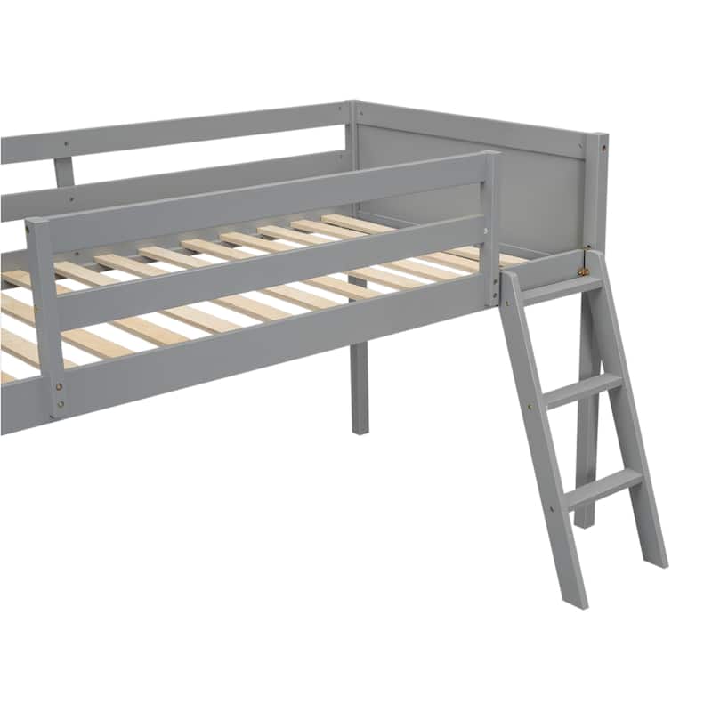 Loft Bed Twin Size Solid Wood Low Loft Bed w/Guard Rail and Ladder