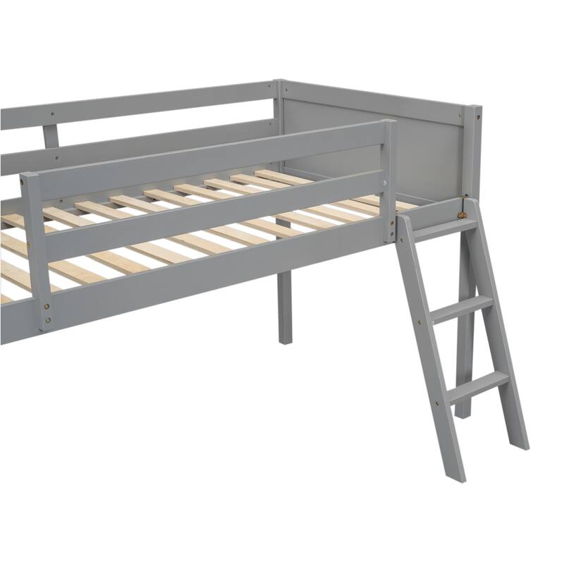 Twin Size Solid Wood Low Loft Bed with Ladder and Fence