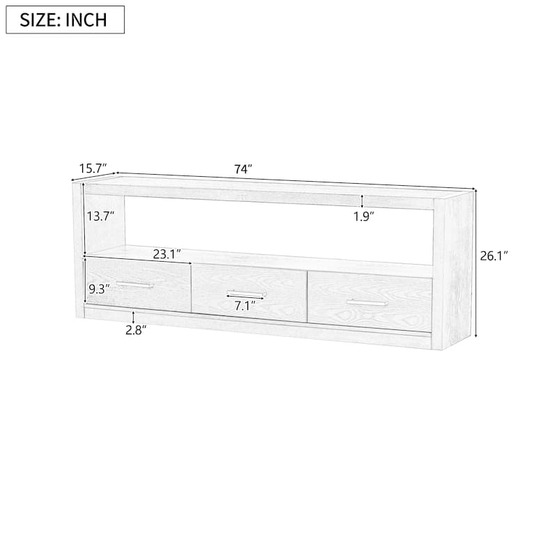 74"Minimalist TV Stand with 3 Spacious Drawers - Versatile Media Console for Living Room, Bedroom