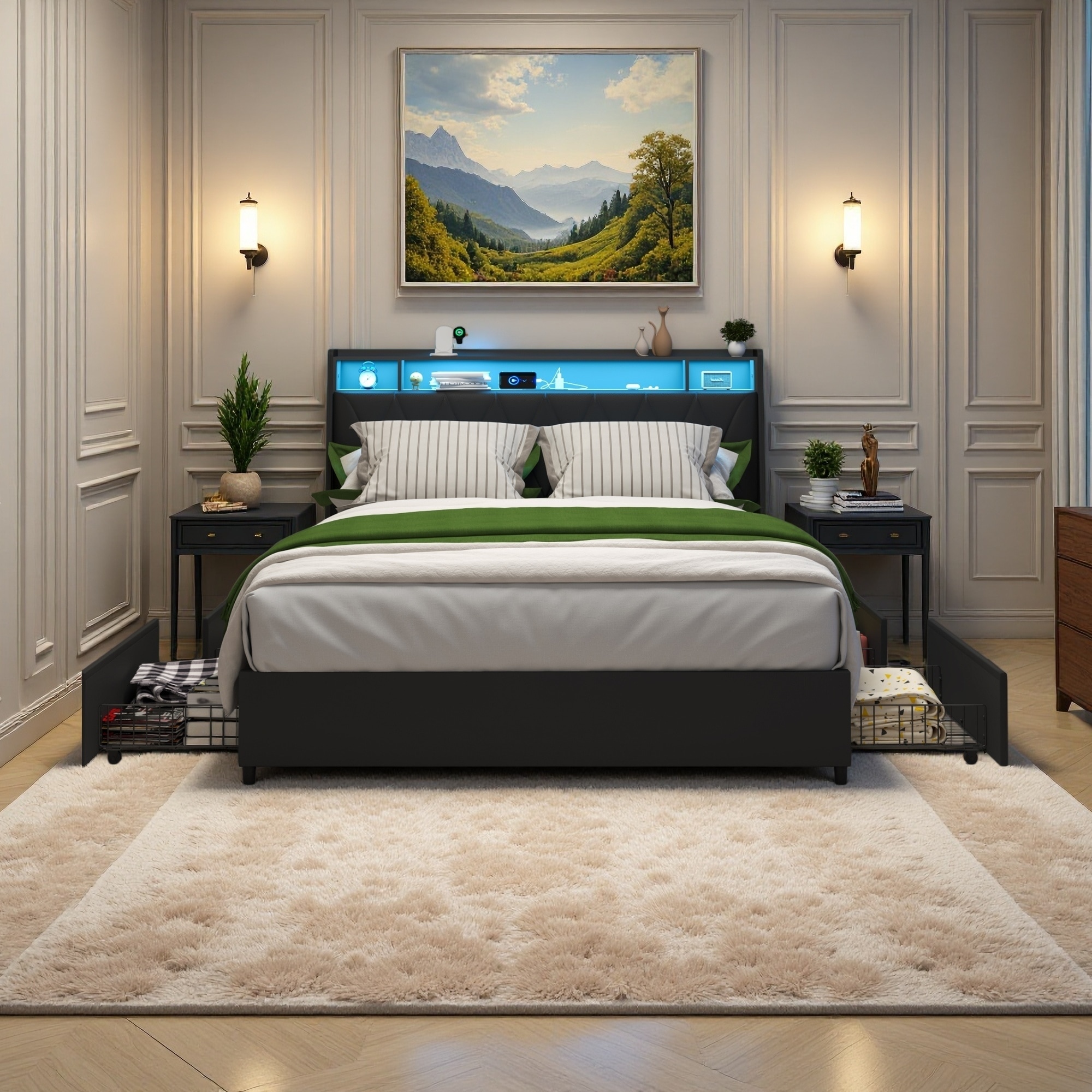 Metal Platform Bed Frame with Ergonomic Headboard, Charging Station, LED Light, and Storage Shelf