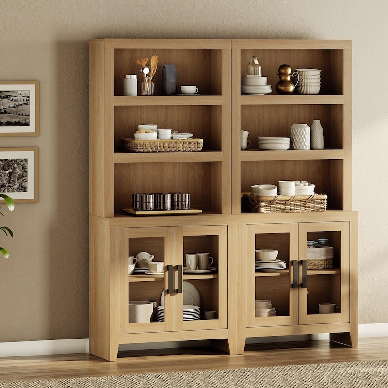 WAMPAT 3 Tier Bookshelf with Glass Door, 74" Tall Bookcase with Adjustable Shelf and Storage Cabinet, Farmhouse Wooden Bookshelf