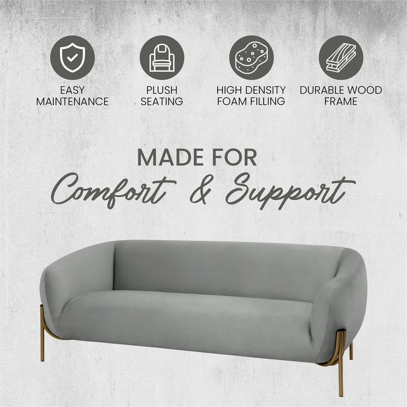 Zuno Modern Velvet Upholstered 3-Seater Sofa with Curved Seamless Design Gold Metal Base Plush Foam Cushions Easy Assembly