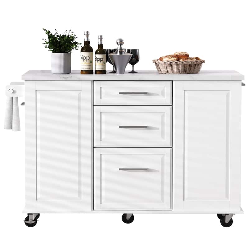 50.7"Kitchen Island with Pull Out Cabinet Organizer, Rolling Kitchen Island on 5 Wheels with Drop Leaf, 2 Drawers