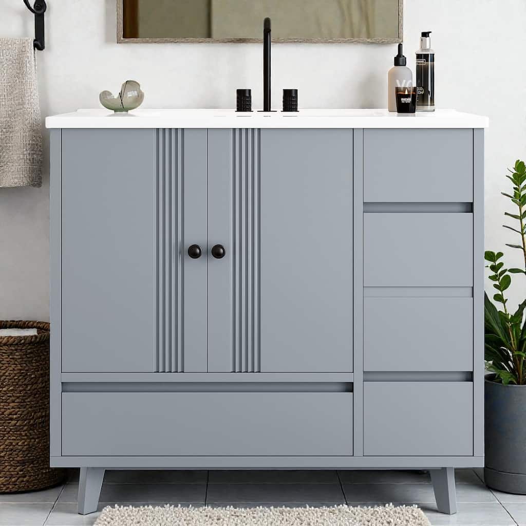 36" Bathroom Vanity with Sink, Freestanding Wood Cabinet with 4 Drawers and Side Storage Rack, Single Vanity