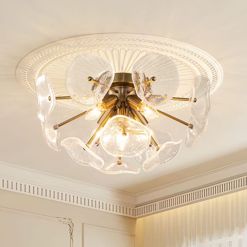 Starsky 5-Light Flush Mount Chandelier with Hand-Blown Flower Glass Shades, Art Deco/Mid-Century Style
