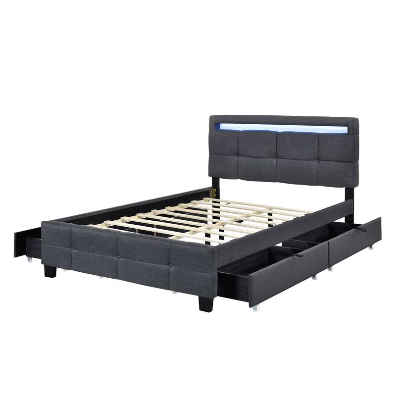 Linen Upholstered Platform Bed Frame with LED Light Headboard & 2 Drawers