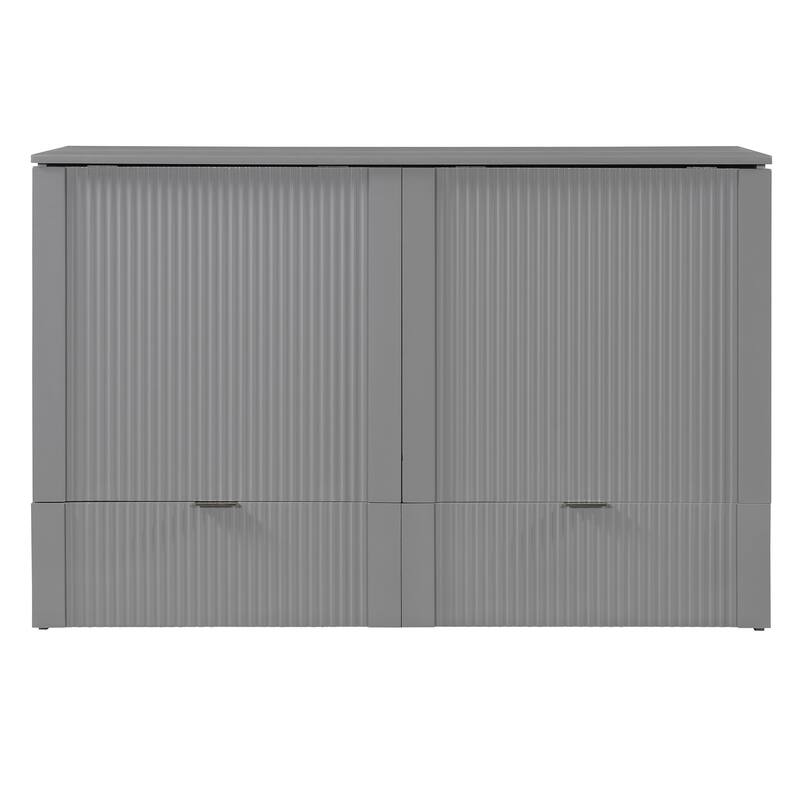 Queen Size Wall Bed with Drawer, USB Ports & Smooth Pulley Mechanism, Space-Saving Gray Cabinet Bed