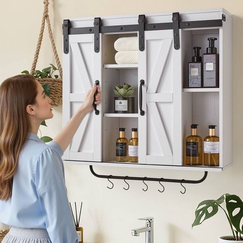 White Bathroom Wall Cabinet with Adjustable Shelves and Multi-Layer Storage for Small Space - 31” x 9” x 30”