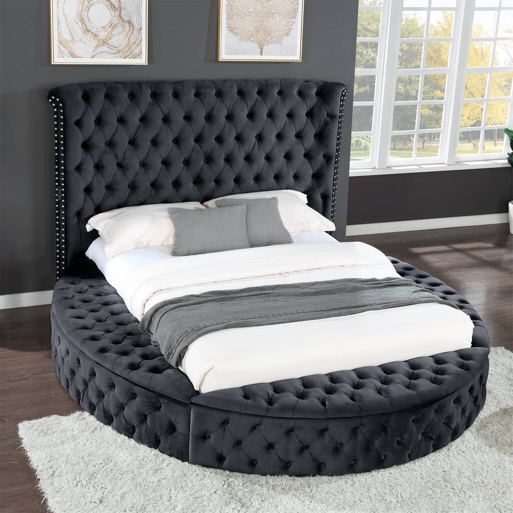 King Round Bed Black with Bluetooth Speaker