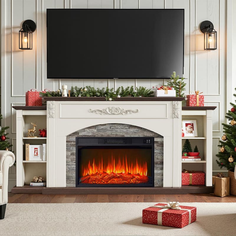 78 inch Electric Fireplace Mantel Fireplace TV Stand Entertainment Center with 30 inch Fireplace Insert Heater and Storage