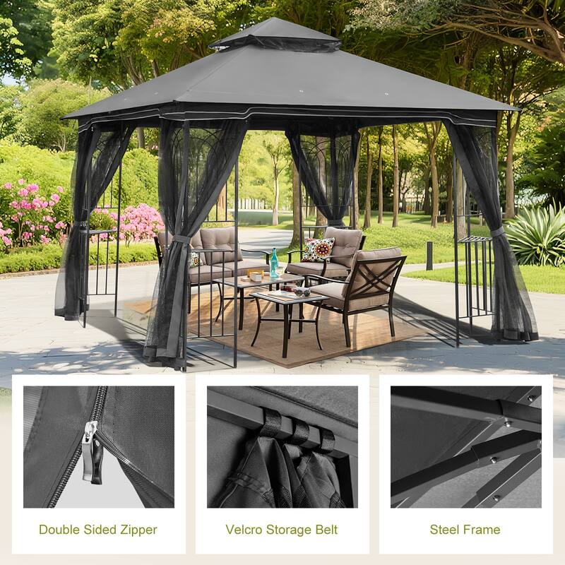 9'X9' Outdoor Steel Gazebo, Double Roof Patio Canopy with Netting, Curtains & Hanging Hooks for Backyard Deck Garden