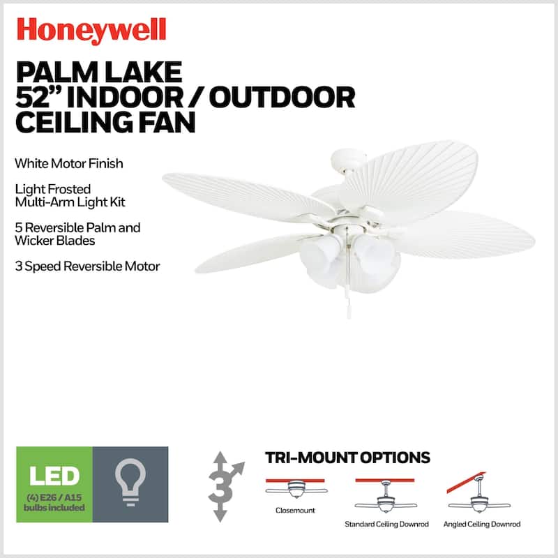 52" Honeywell Palm Lake White Indoor/Outdoor Ceiling Fan with Light, Pull Chain, 5 Palm Leaf Blade