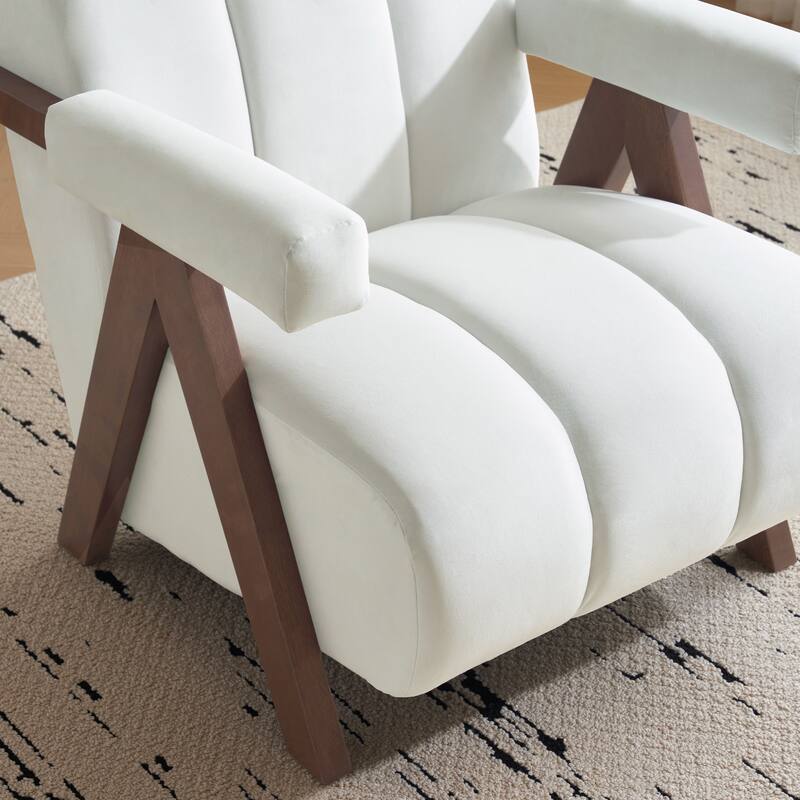 Roomfitters Mid-Century Modern Tufted Accent Chair with Walnut Solid Wood Frame and Inverted V-Legs, Ivory