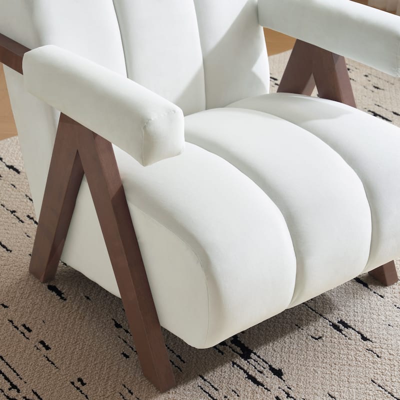Velvet Fabric Accent Chair, Tufted Upholstered Lounge Armchair, Living Room Chairs with Inverted V-Shaped Legs