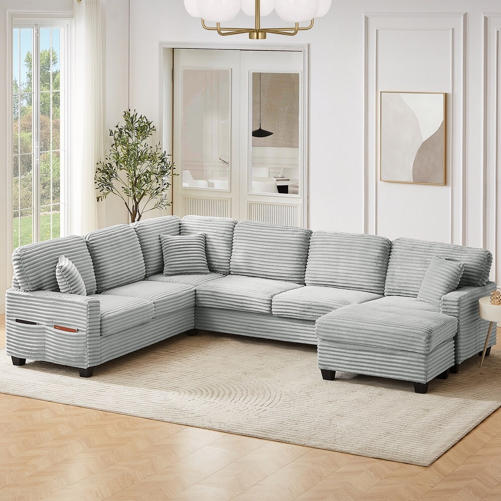 Corduroy U-Shaped Sectional Sofa 125.2" Upholstered Sofa with Movable Footstool and Side Storage Pockets, Pillow