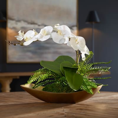 Orchid Floral Centerpiece - 18" - White and Antique Brass Finish