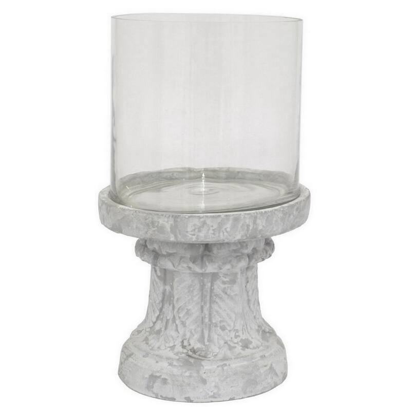 Kris Candle Holder, Hurricane Glass Top, White Gray Ceramic 14 Inch - White, Gray, Clear