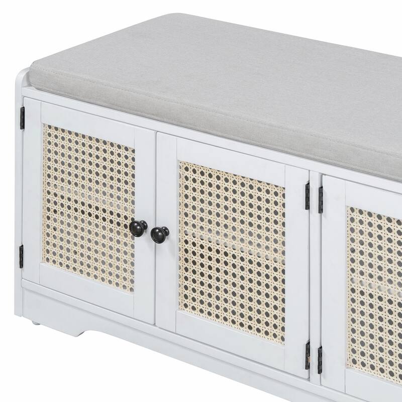 Rustic Storage Bench with Removable Cushion, Woven Rattan Doors & Adjustable Shelves