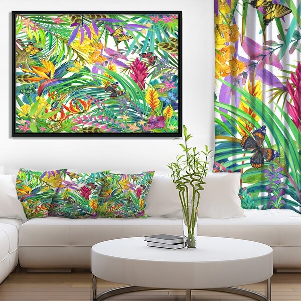 Designart 'Tropical Leaves and Flowers' Floral Art Framed Canvas Print ...