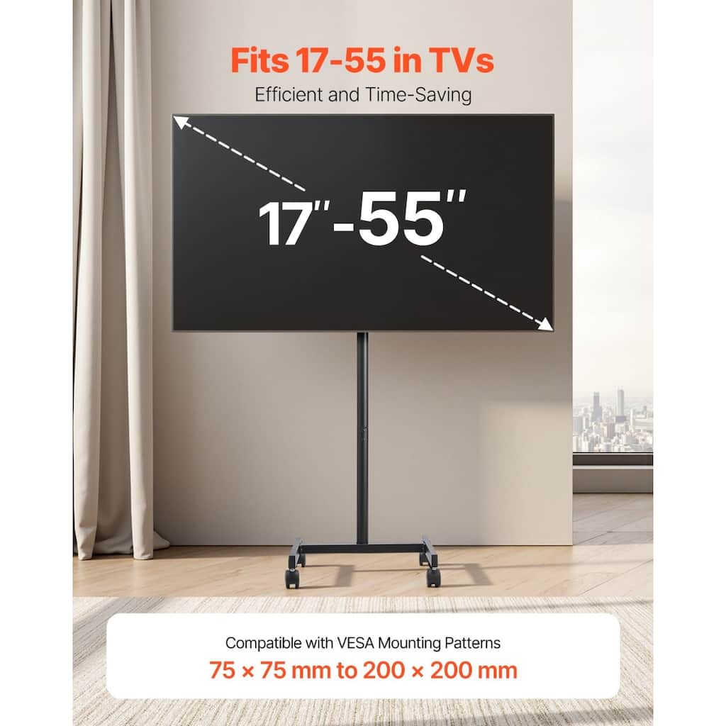 Rolling TV Stand for 17-55 Inch Screens with Adjustable Height & Tilt - 18.50 x 16.54 x 53.74 in
