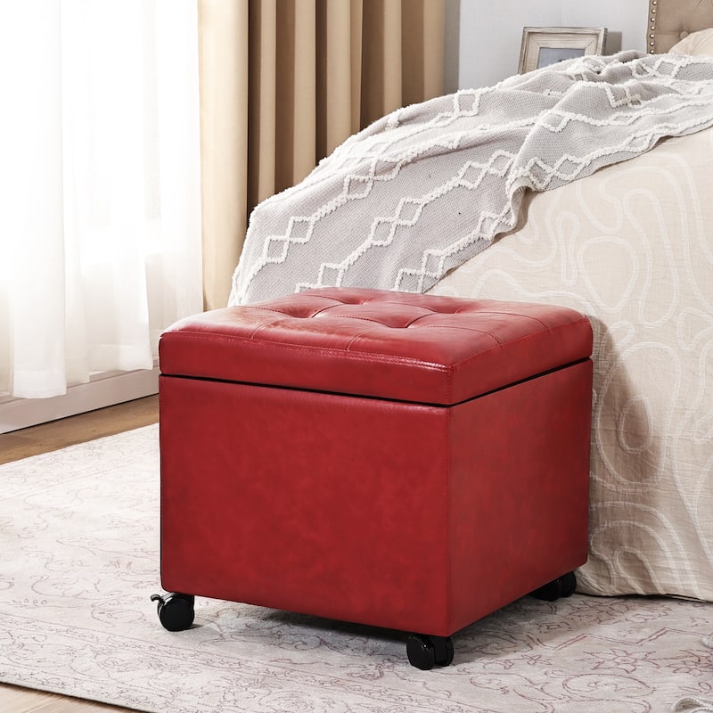 Adeco Bonded Leather Storage Ottoman Square Tufted Cube Footstool