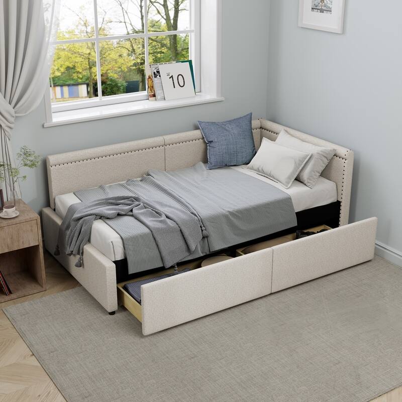 Modern Twin Size L Shape Corner Upholstered Daybed with Two Storage Drawers