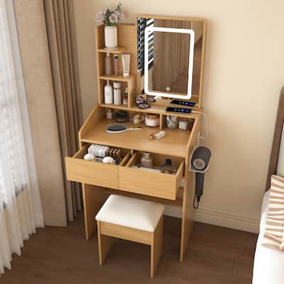 Vanity Desk with LED Light Mirror & Stool, Small Makeup Vanity Table, Dressing Table with Power Outlet & Hairdryer Holder