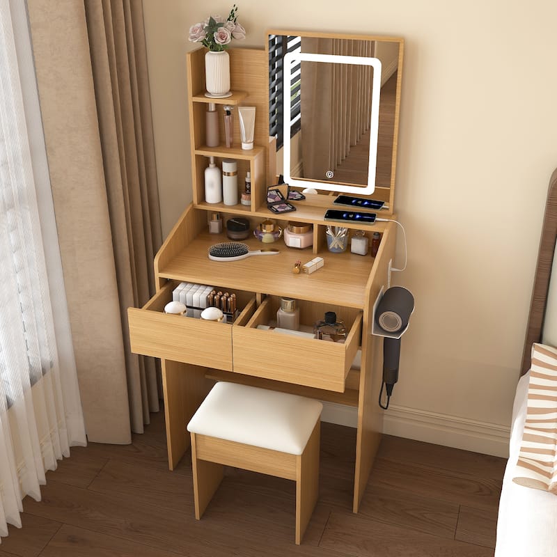 Vanity Table with LED-Illuminated Mirror, Power Outlet, Hairdryer Holder & Stool - Compact Dressing Desk for
