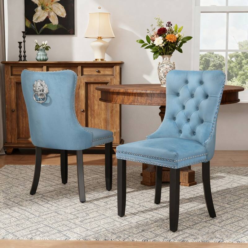 High-end Tufted Velvet Upholstered Nailhead Dining Chair Set of 6 - Set of 2 - Light Blue