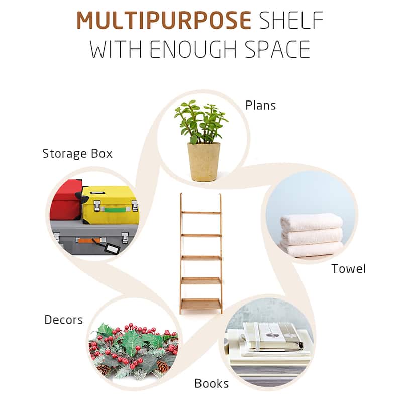 Costway 5-Tier Ladder Shelf Bamboo Bookshelf Wall-Leaning Storage - See Details