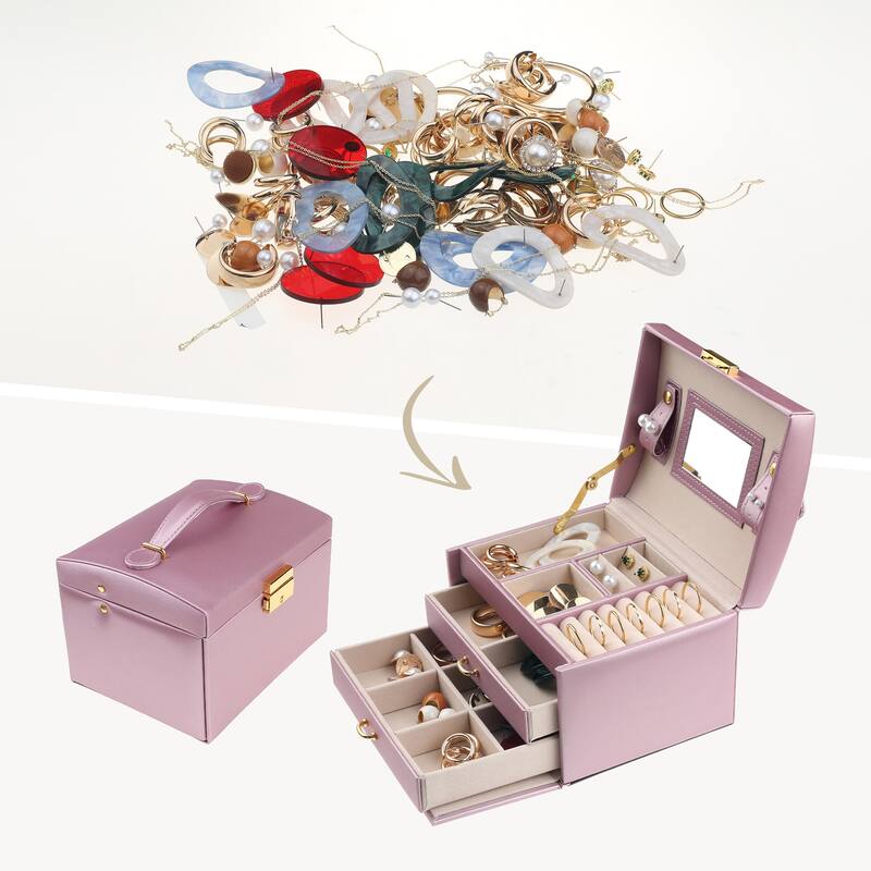3 Layer Jewelry Box with Mirror for Women Girls Birthday Gifts, PU Leather Jewelry Organizer Storage Holder with Drawer - Purple