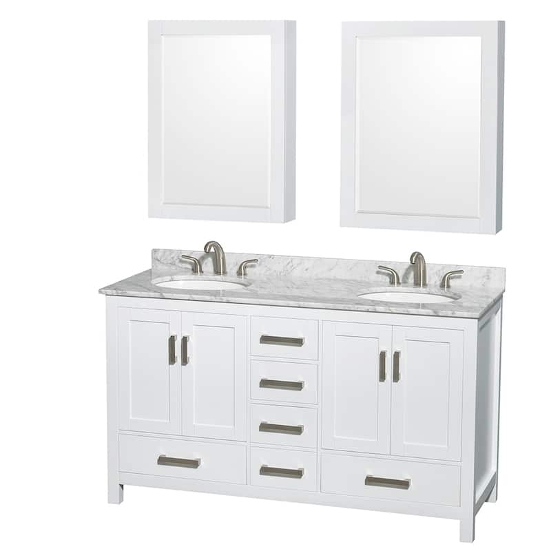 Wyndham Collection Sheffield Double Vanity Set, Medicine Cabinets - 60-Inch Double - White, White Carrara Marble Top, Chrome Trim