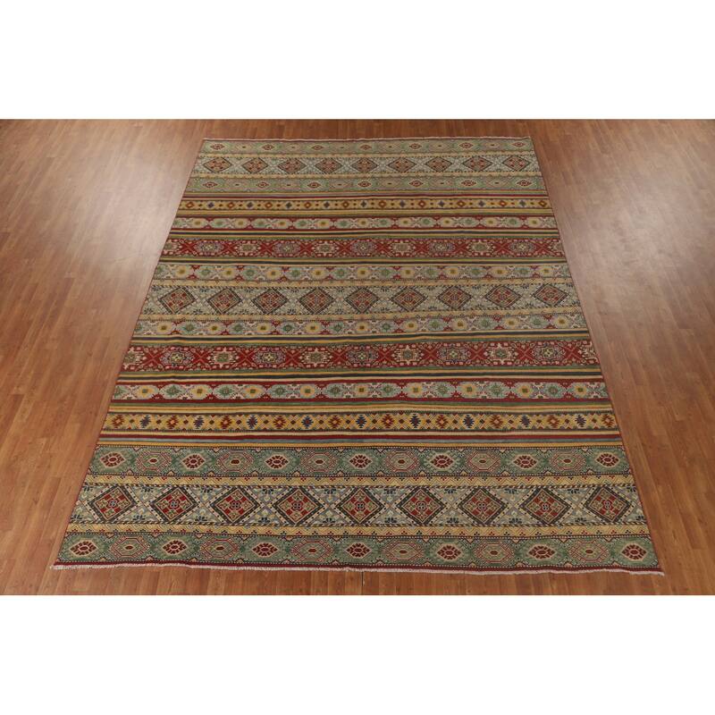 Striped Kazak Area Rug Handmade Wool Carpet - 9'9"x 12'3"