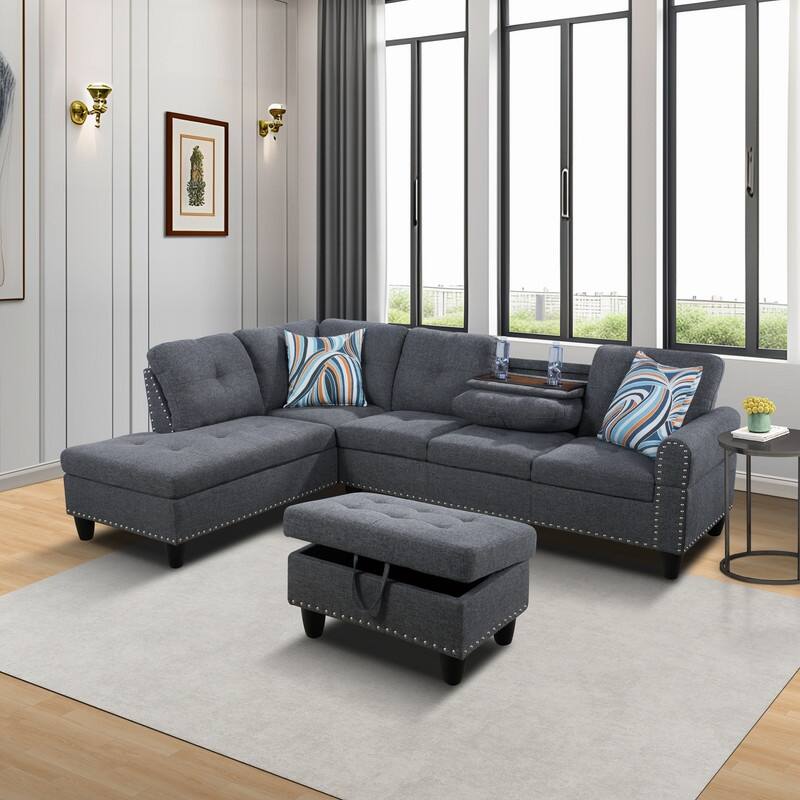 Modular Living Room Sectional with Storage Ottoman and Flip-Top Console, Black or Gray