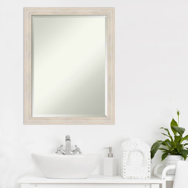 Beveled Wood Bathroom Wall Mirror - Hardwood Whitewash Narrow Frame - Hardwood White Wash Narrow