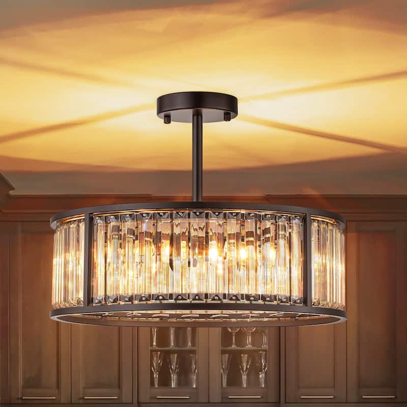 4-Light Mid-Century Modern Black Drum Crystal Semi-Flush Mount Light - 16.9 in. W x 5.7 in. H