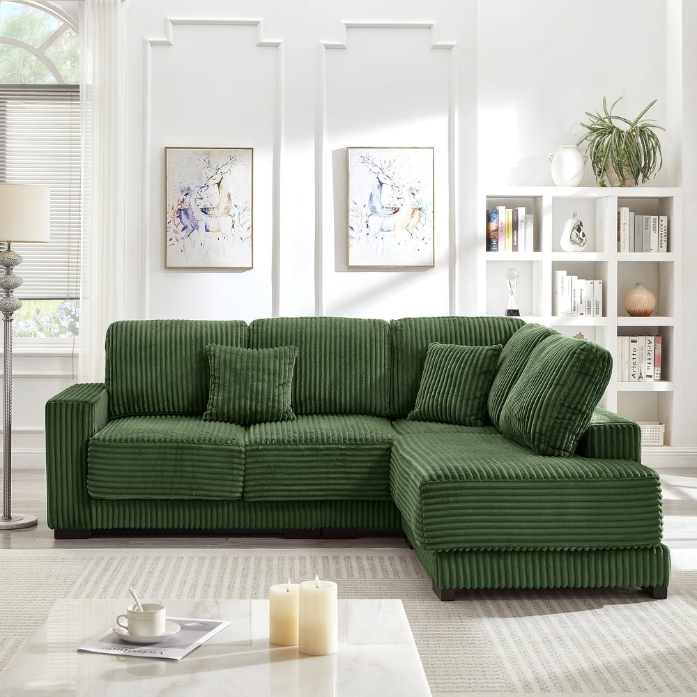 L-shaped Sectional Sofa with Reversible Chaise Lounge and Pillwo Corduroy Upholstered Couch with Removed Sofa Covers