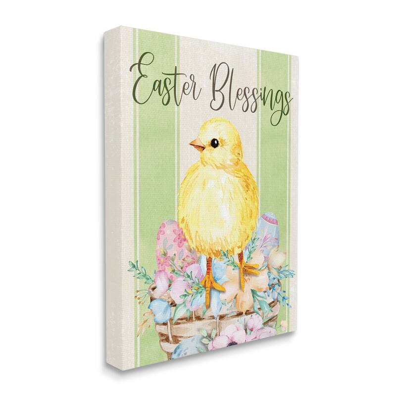 Stupell Easter Blessings Text Striped Yellow Chick Egg Basket Canvas Wall Art