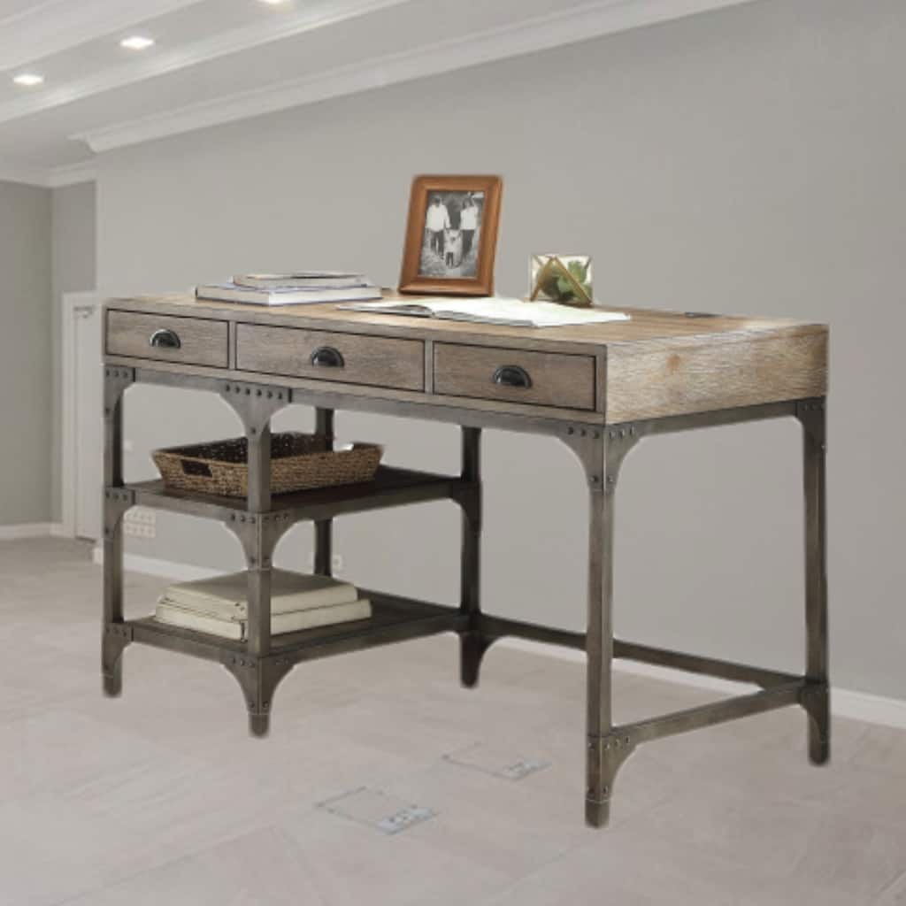Modern 3-Drawer Writing Desk with Iron Base and Open Storage Compartments for Office or Study Room Organization